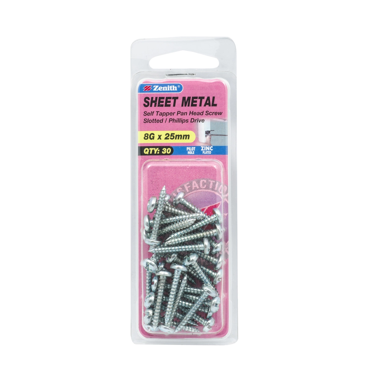 ZENITH® 8G x 25mm Zinc Plated, Self Tapping, Combination Drive, Sheet Metal Screws – Internal Use – 30 Pack