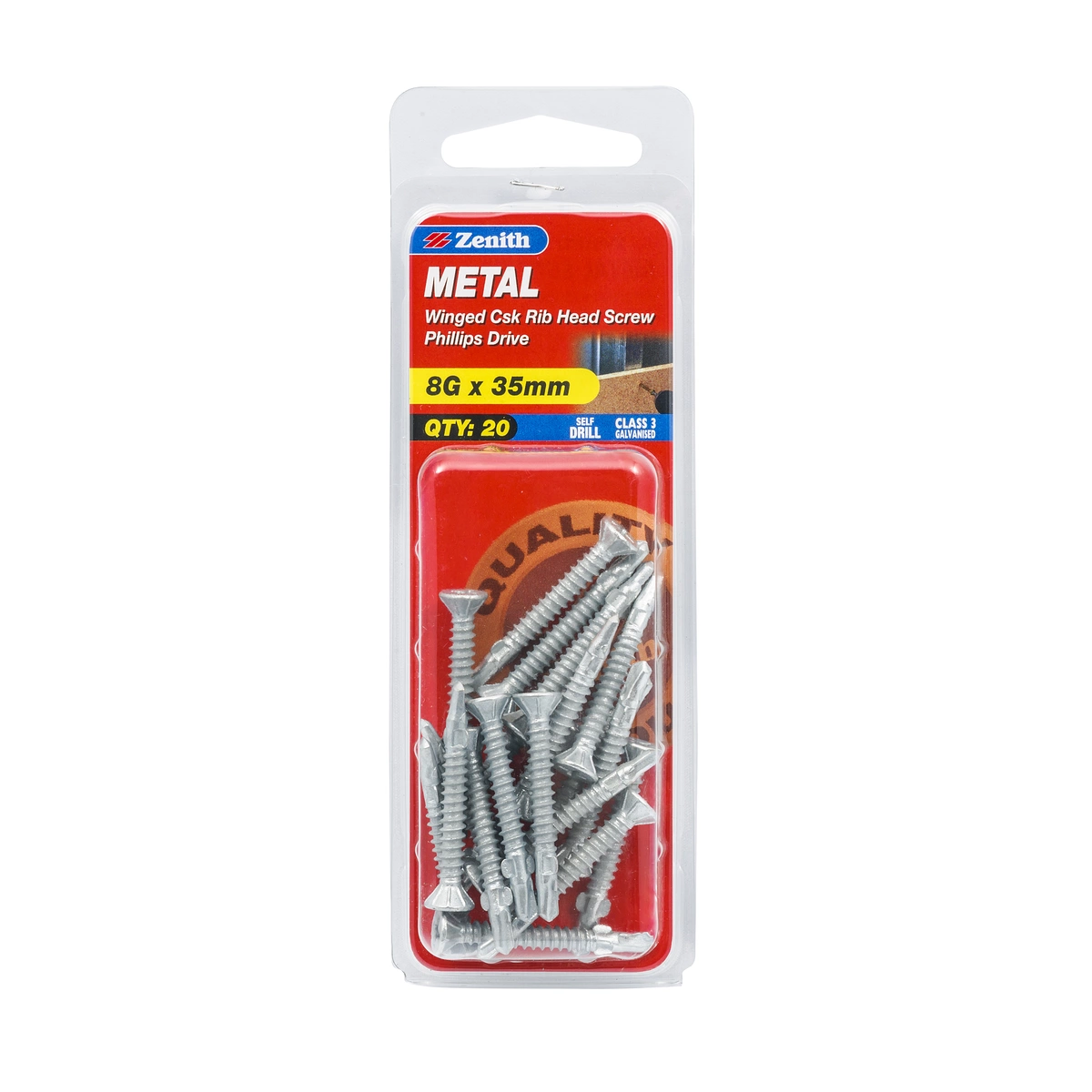 ZENITH® 8G x 35mm Class 3 Galvanised, Self Drilling, Phillips Drive, Metal Screws – External Use – 20 Pack