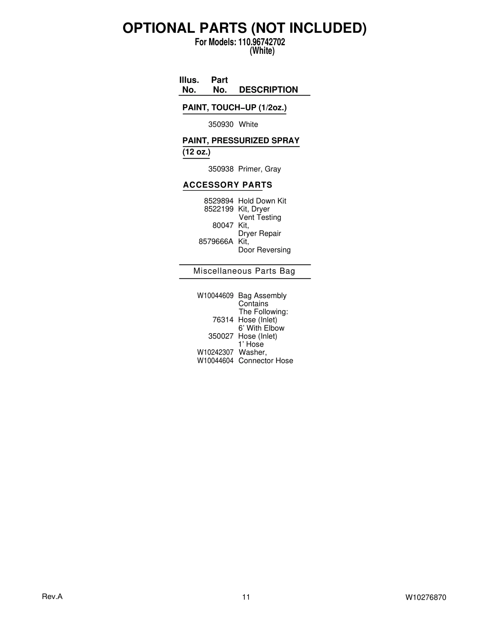 OPTIONAL PARTS (NOT INCLUDED)