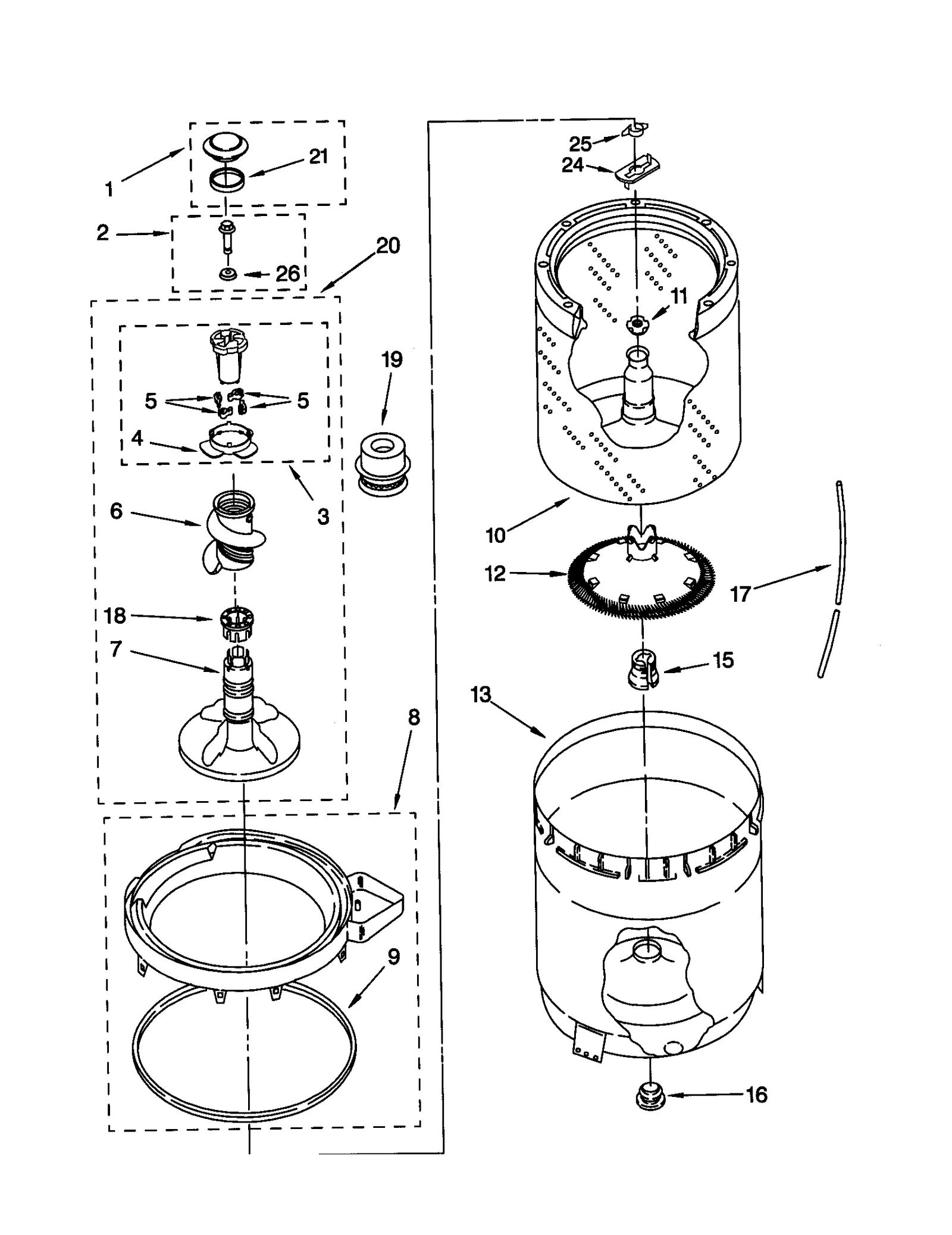 AGITATOR, BASKET AND TUB