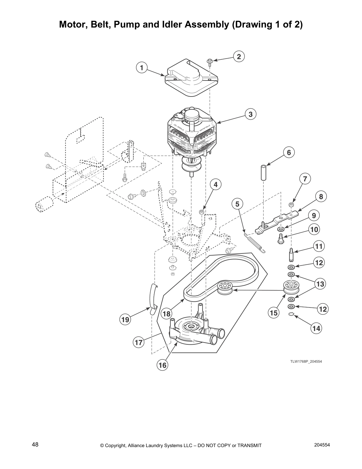 Motor, Belt, Pump and Idler Assembly (Drawing 1 of 2)