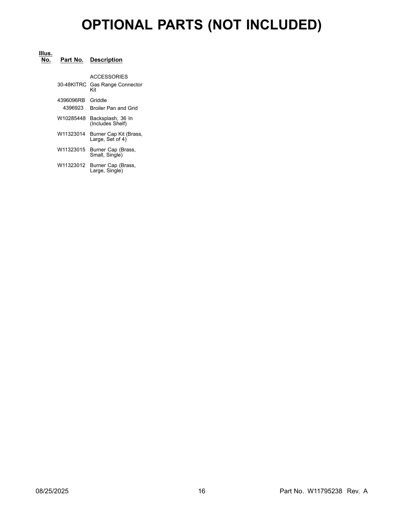 OPTIONAL PARTS (NOT INCLUDED)