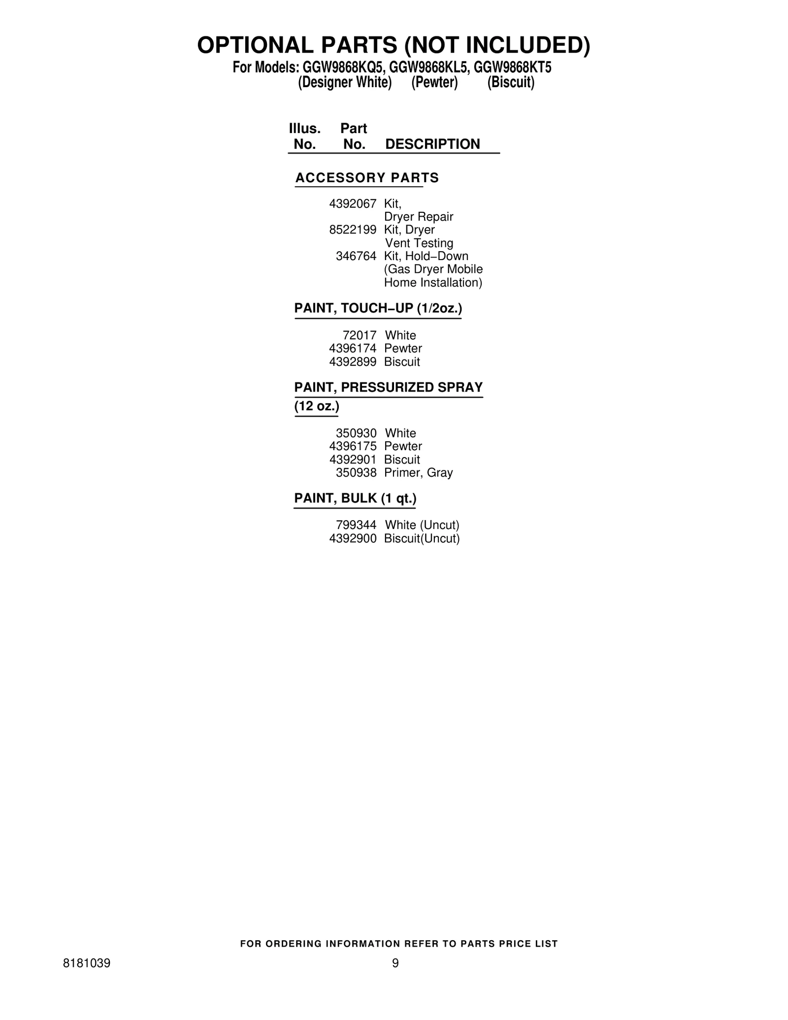 OPTIONAL PARTS (NOT INCLUDED)