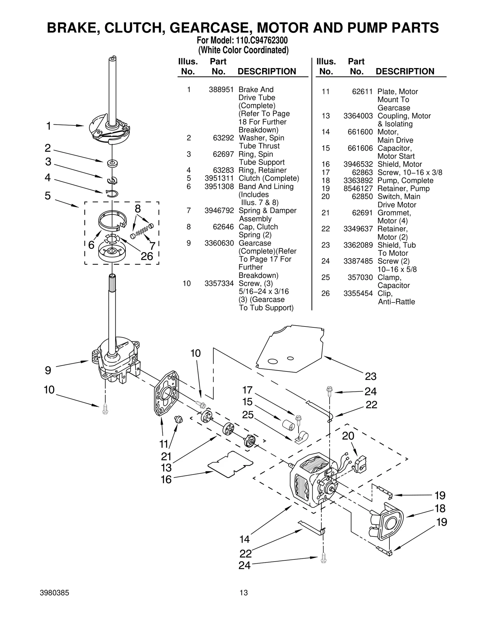 BRAKE, CLUTCH, GEARCASE, MOTOR AND PUMP PARTS