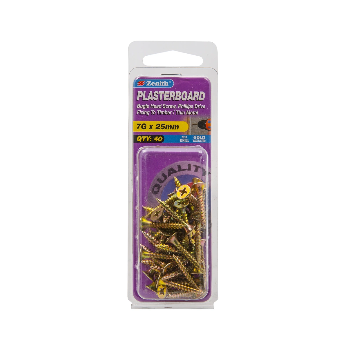 ZENITH® 7G x 25mm Gold Passivated, Phillips Drive, Plasterboard Screws – Internal Use – 40 Pack