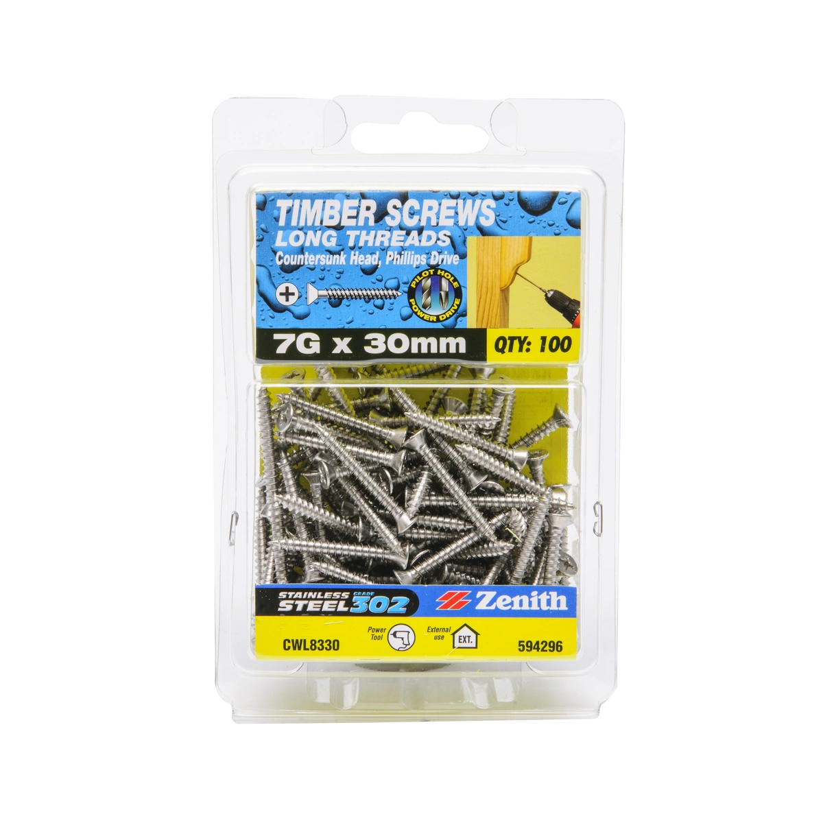 ZENITH® 7G x 30mm 304 Stainless Steel, Phillips Drive, Timber Screws – External Use – 100 Pack