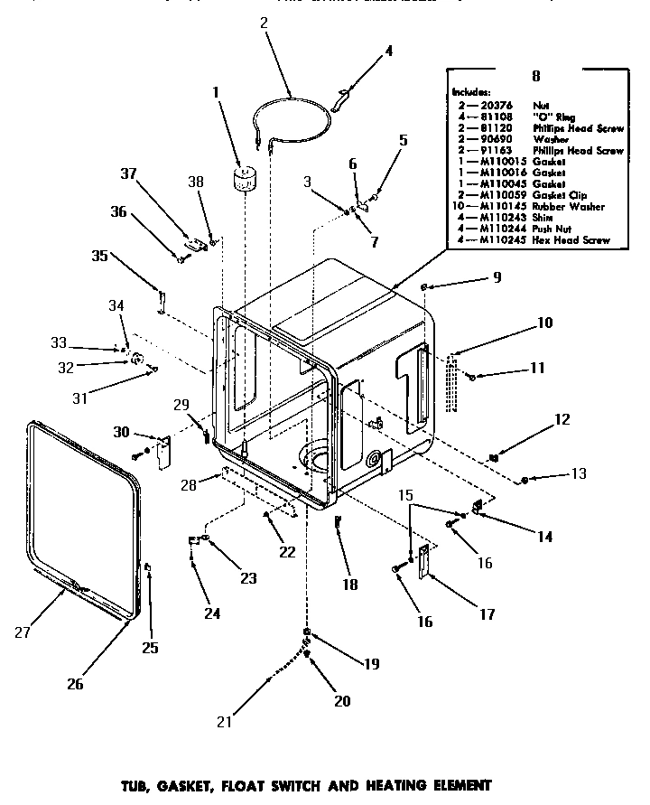 14 - TUB, GASKET, FLOAT SWITCH & HEATING ELEM