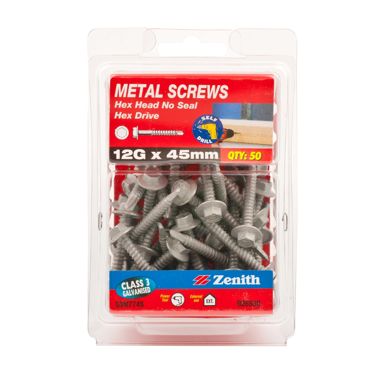 ZENITH® 12G x 45mm Class 3 Galvanised, Self Drilling, External Hex Drive, Metal Screws – External Use – 50 Pack