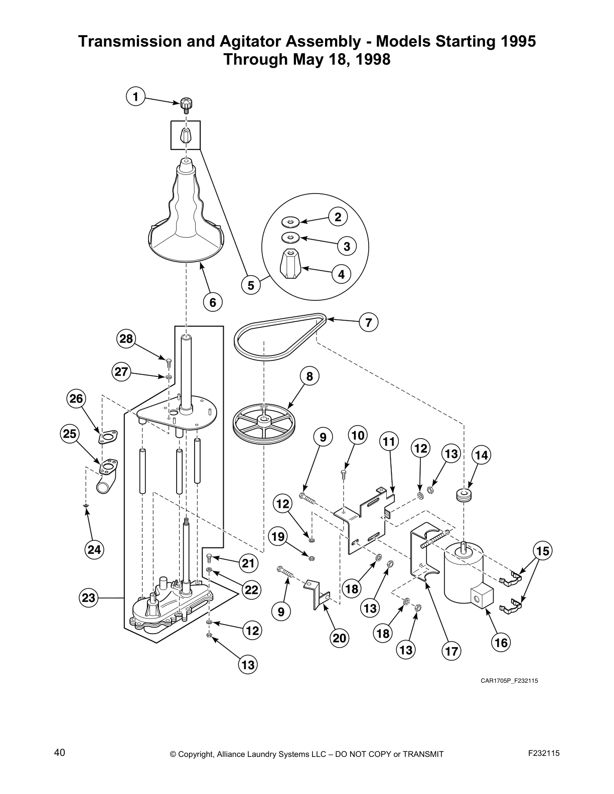 Transmission and Agitator Assembly - Models Starting 1995
Through May 18, 1998