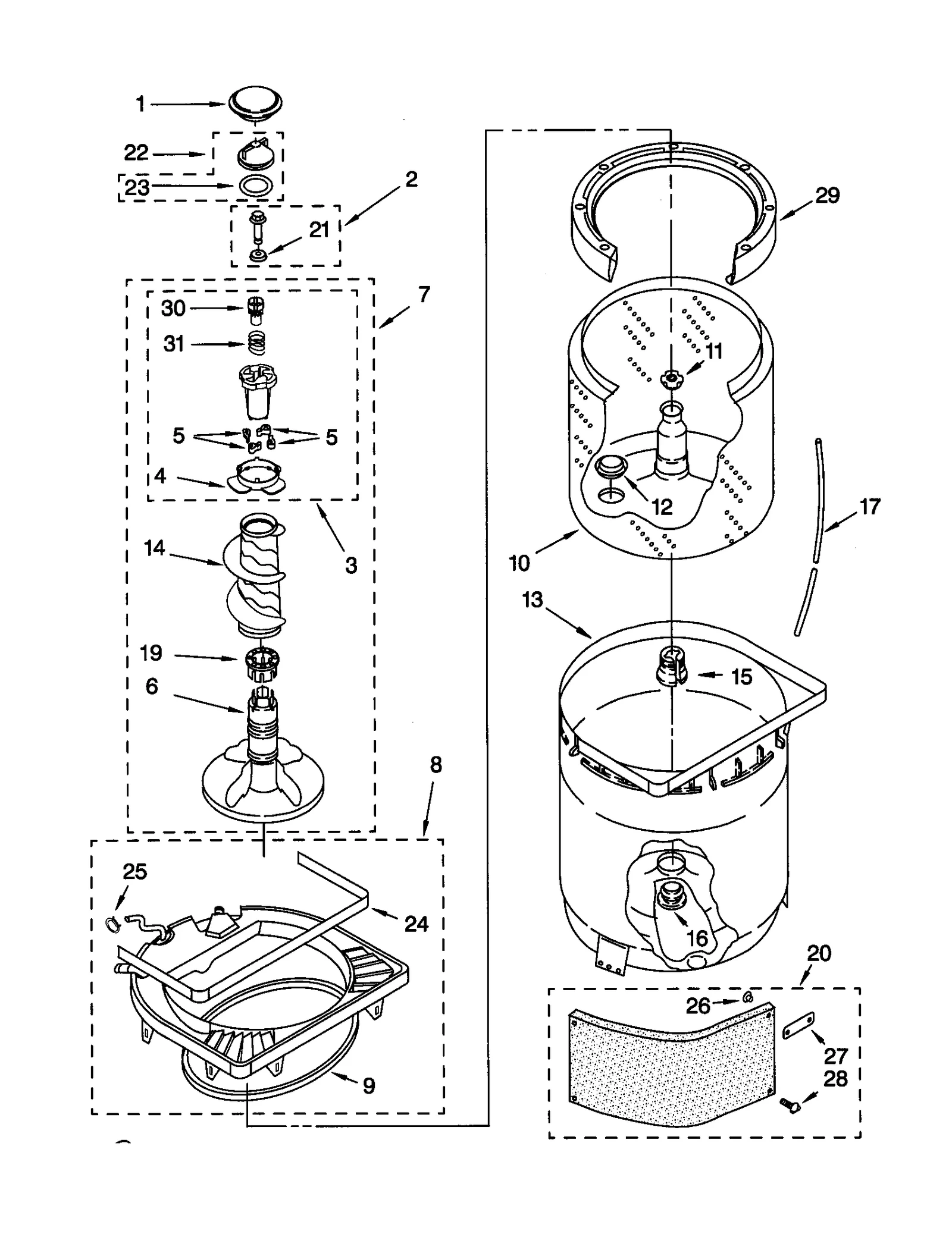 AGITATOR, BASKET AND TUB
