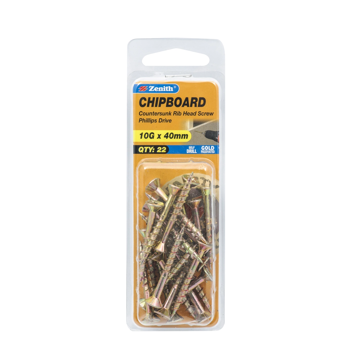 ZENITH® 10G x 40mm Gold Passivated, Phillips Drive, Chipboard Screws – Internal Use – 22 Pack