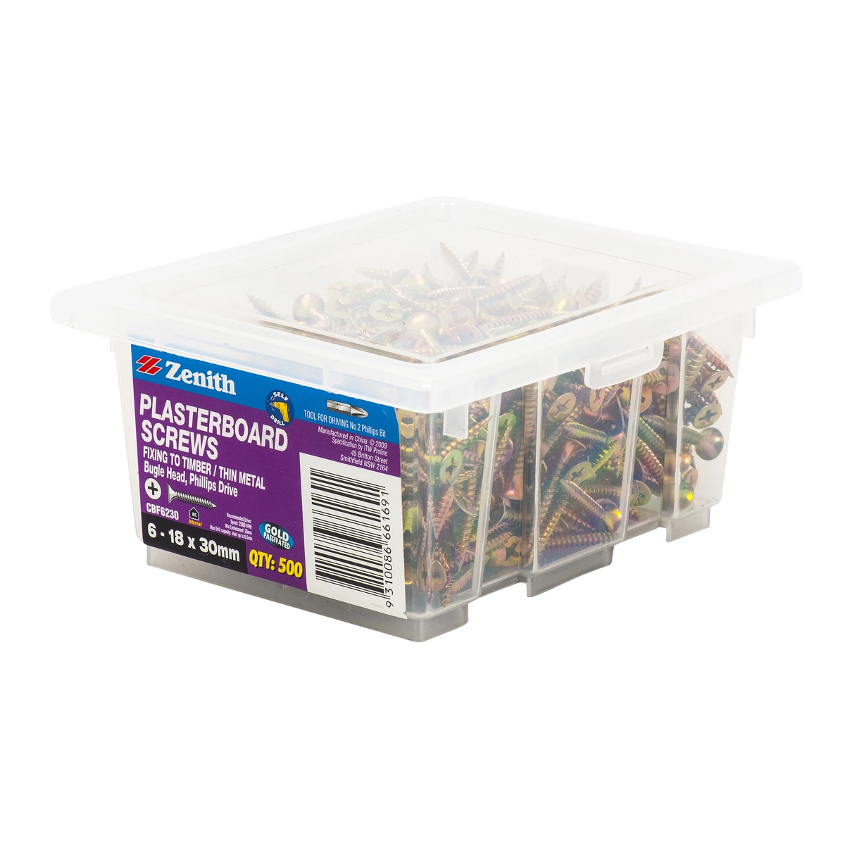 ZENITH® 6G x 30mm Gold Passivated, Phillips Drive, Plasterboard Screws – Internal Use – 500 Pack