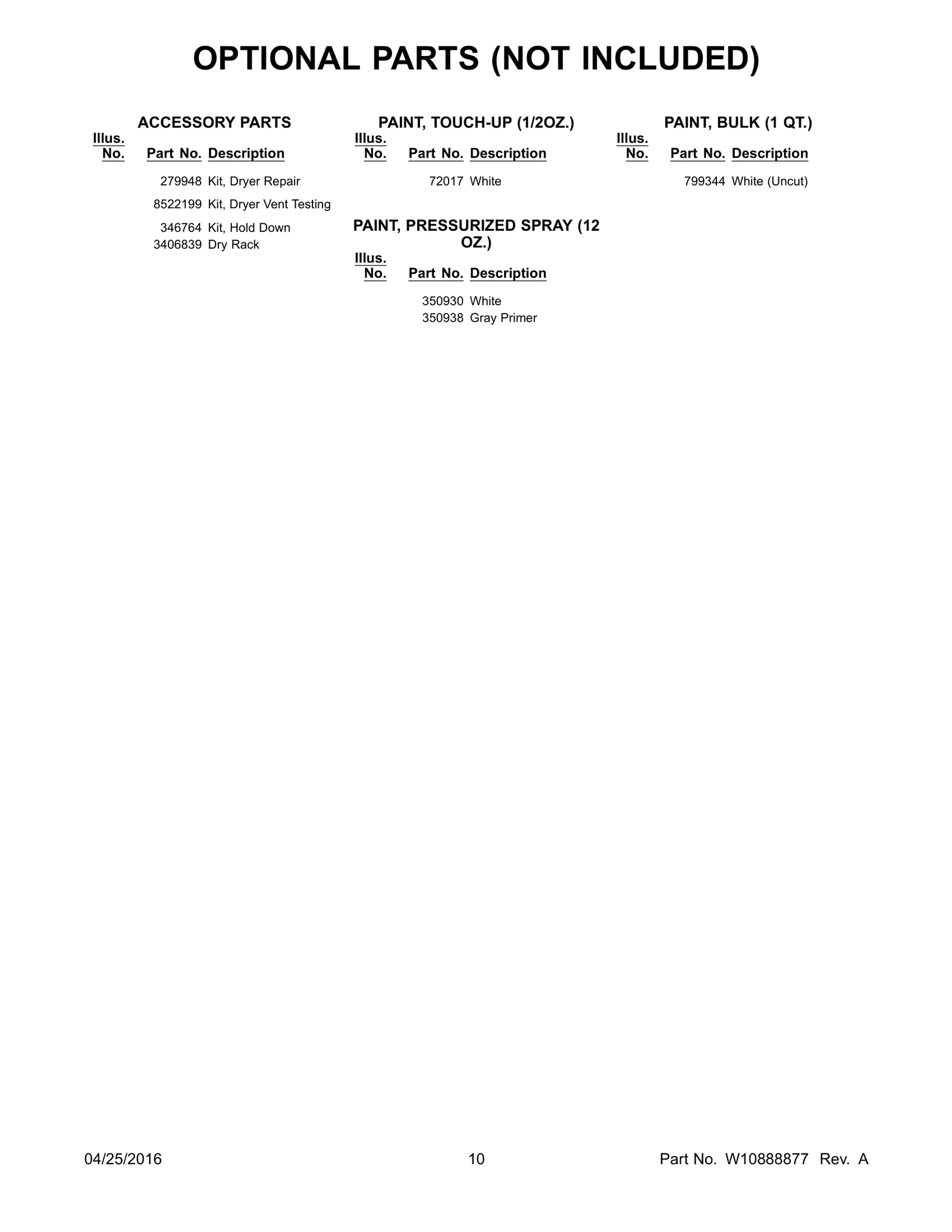 OPTIONAL PARTS (NOT INCLUDED)