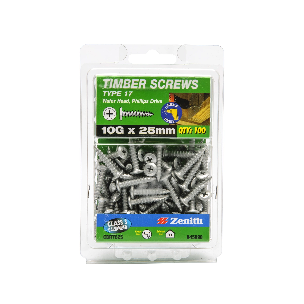 ZENITH® 10G x 25mm Class 3 Galvanised, Phillips Drive, Timber Screws – External Use – 100 Pack
