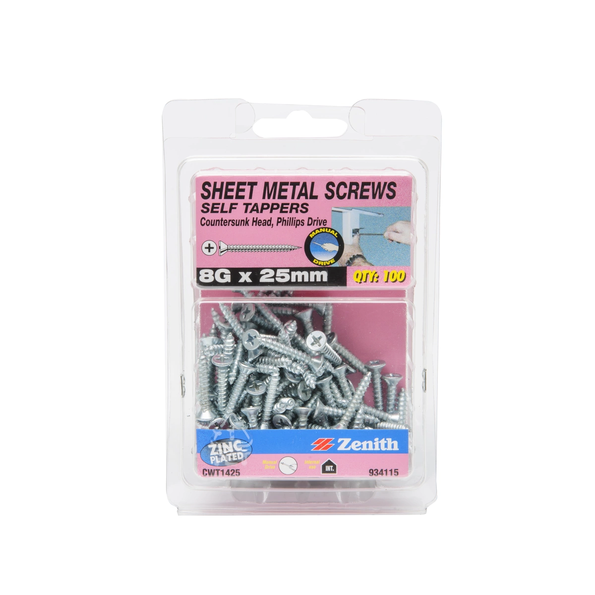 ZENITH® 8G x 25mm Zinc Plated, Self Tapping, Phillips Drive, Sheet Metal Screws – Internal Use – 100 Pack