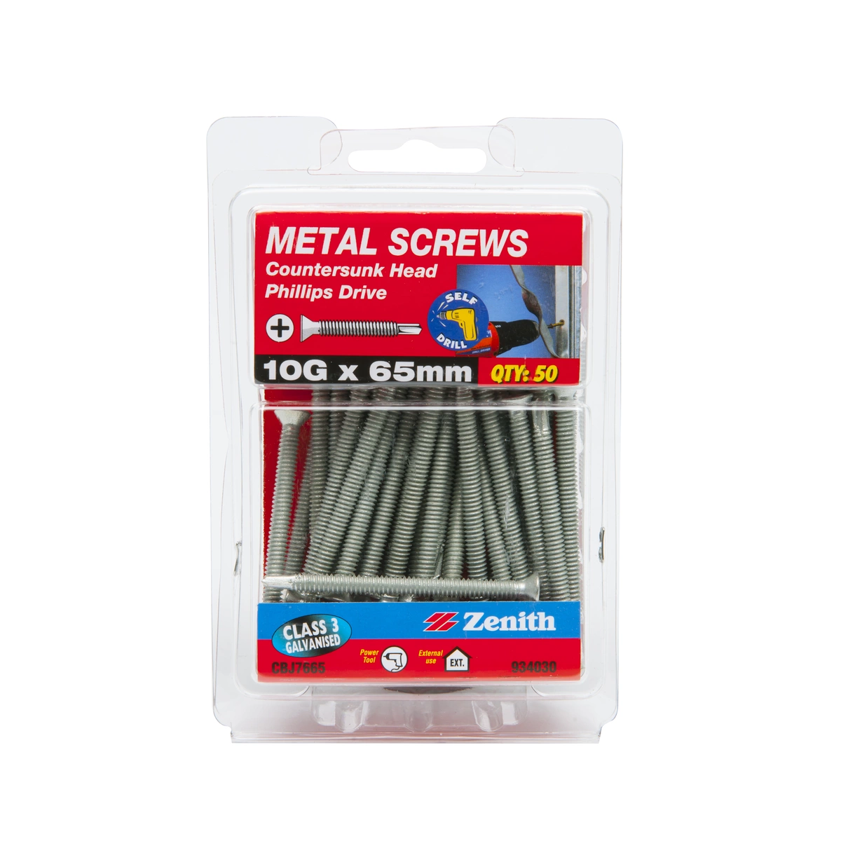 ZENITH® 10G x 65mm Class 3 Galvanised, Self Drilling, Phillips Drive, Metal Screws – External Use – 50 Pack