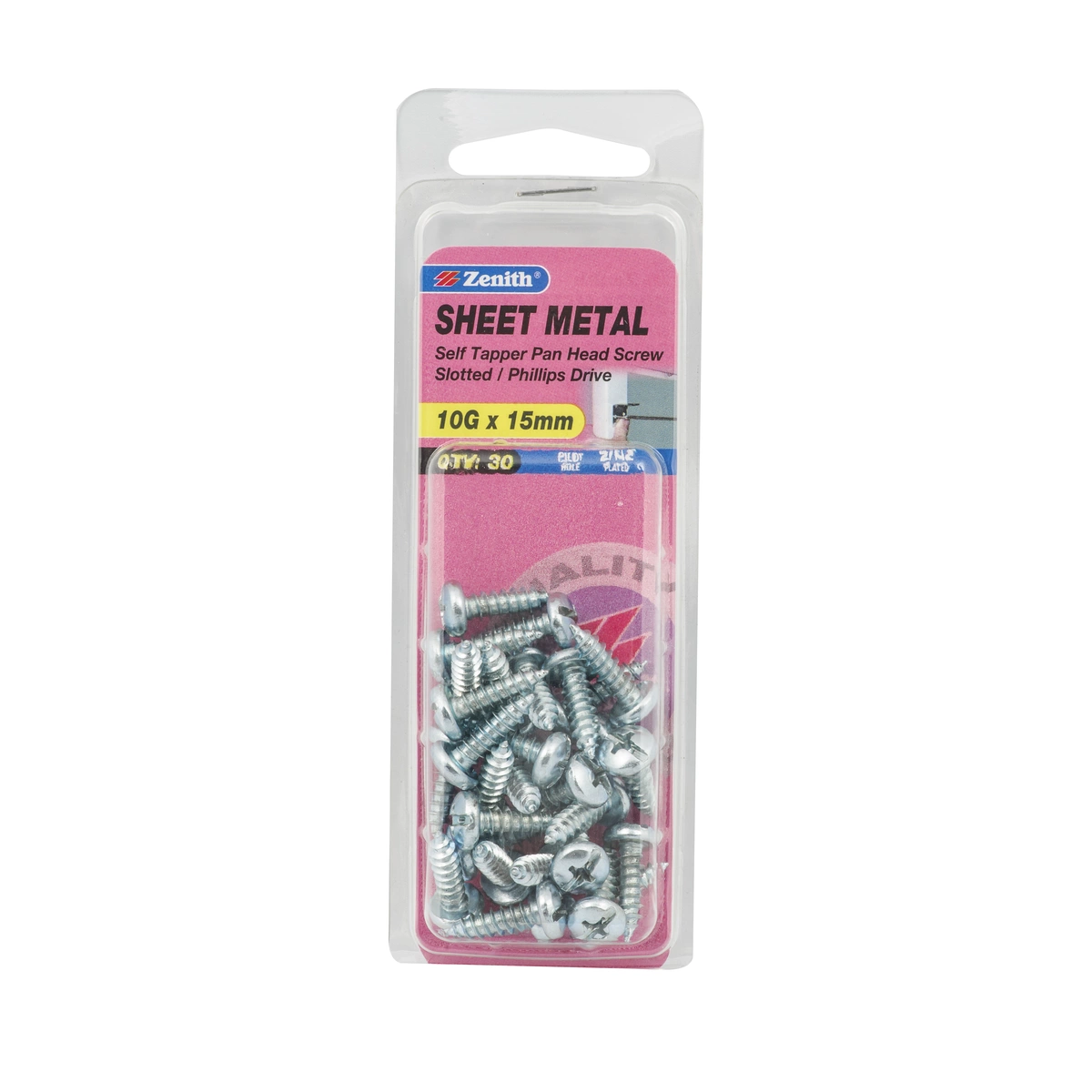ZENITH® 10G x 15mm Zinc Plated, Self Tapping, Combination Drive, Sheet Metal Screws – Internal Use – 30 Pack
