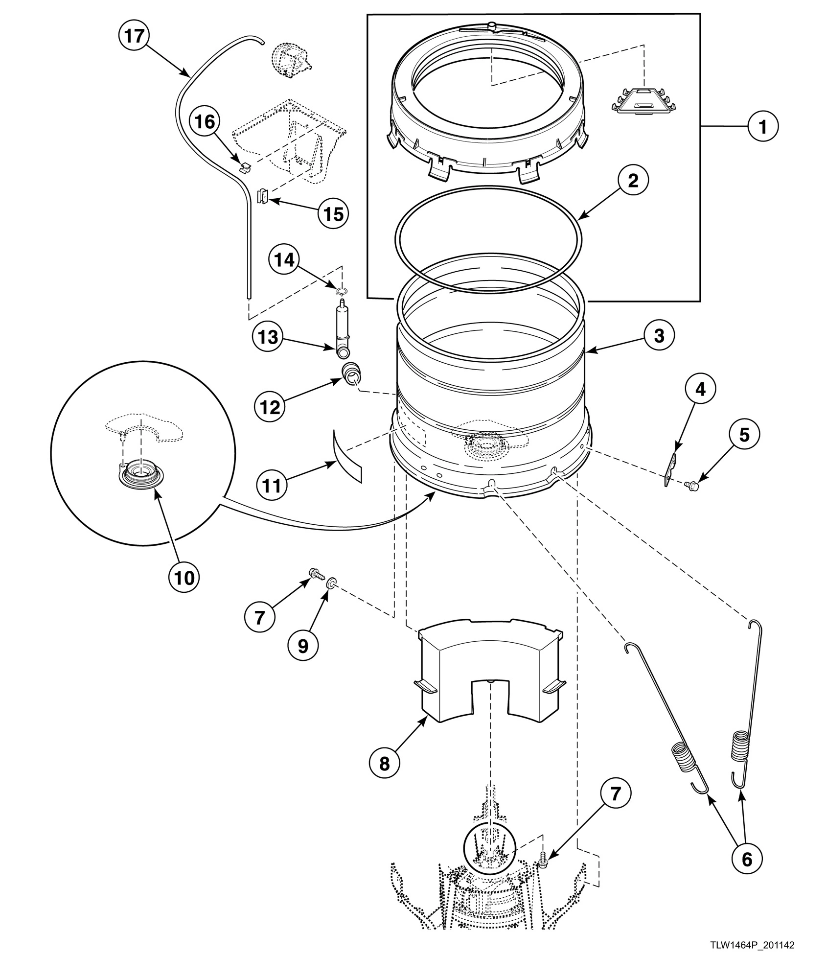 Outer Tub, Cover, Bearing and Seal Housing, Pressure Hose and Counterweight
