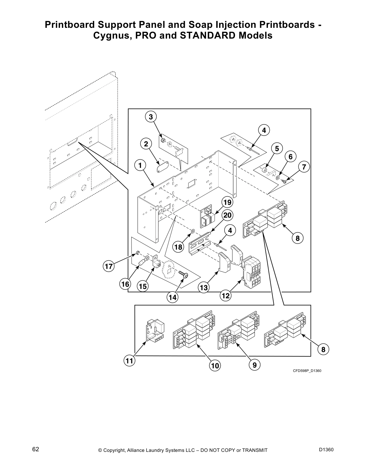 Printboard Support Panel and Soap Injection Printboards - 
Cygnus, PRO and STANDARD Models