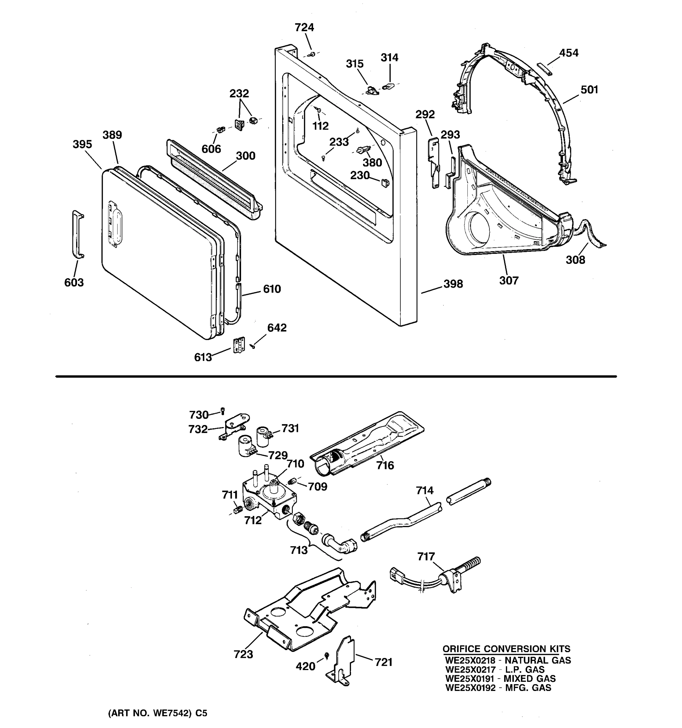 FRONT PANEL, DOOR, GAS VALVE & BURNER ASSEMBLY