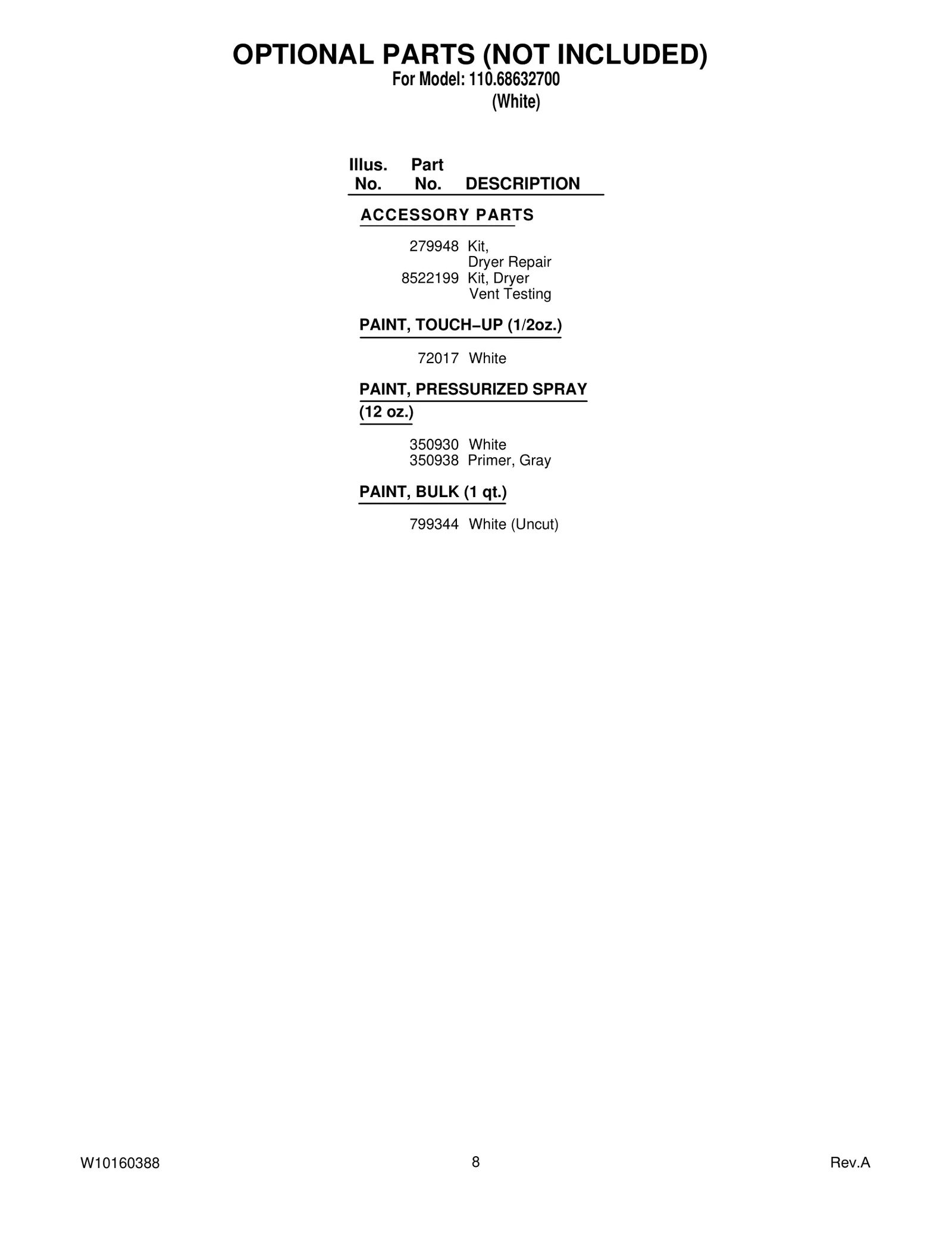 OPTIONAL PARTS (NOT INCLUDED)