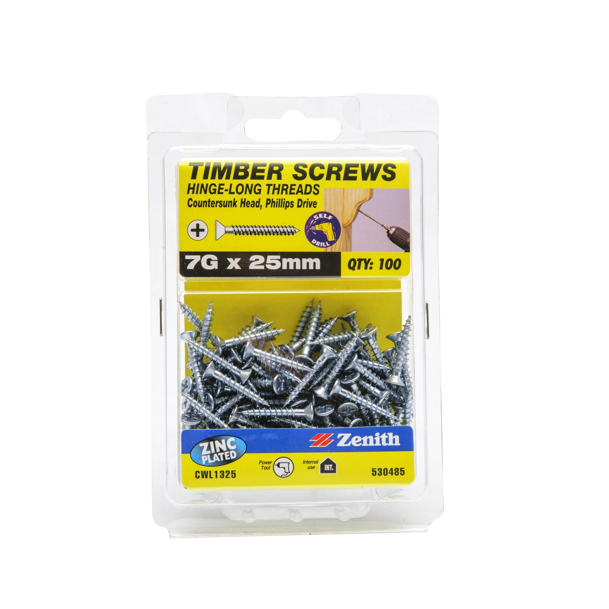ZENITH® 7G x 25mm Zinc Plated, Phillips Drive, Timber Screws – Internal Use – 100 Pack