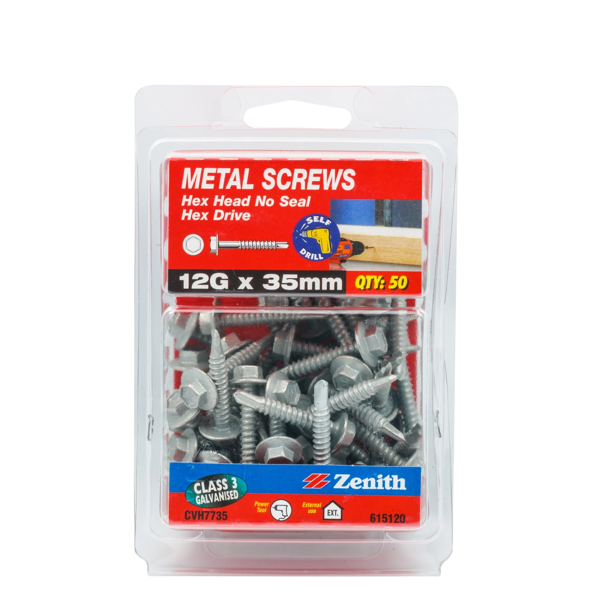 ZENITH® 12G x 35mm Class 3 Galvanised, Self Drilling, External Hex Drive, Metal Screws – External Use – 50 Pack