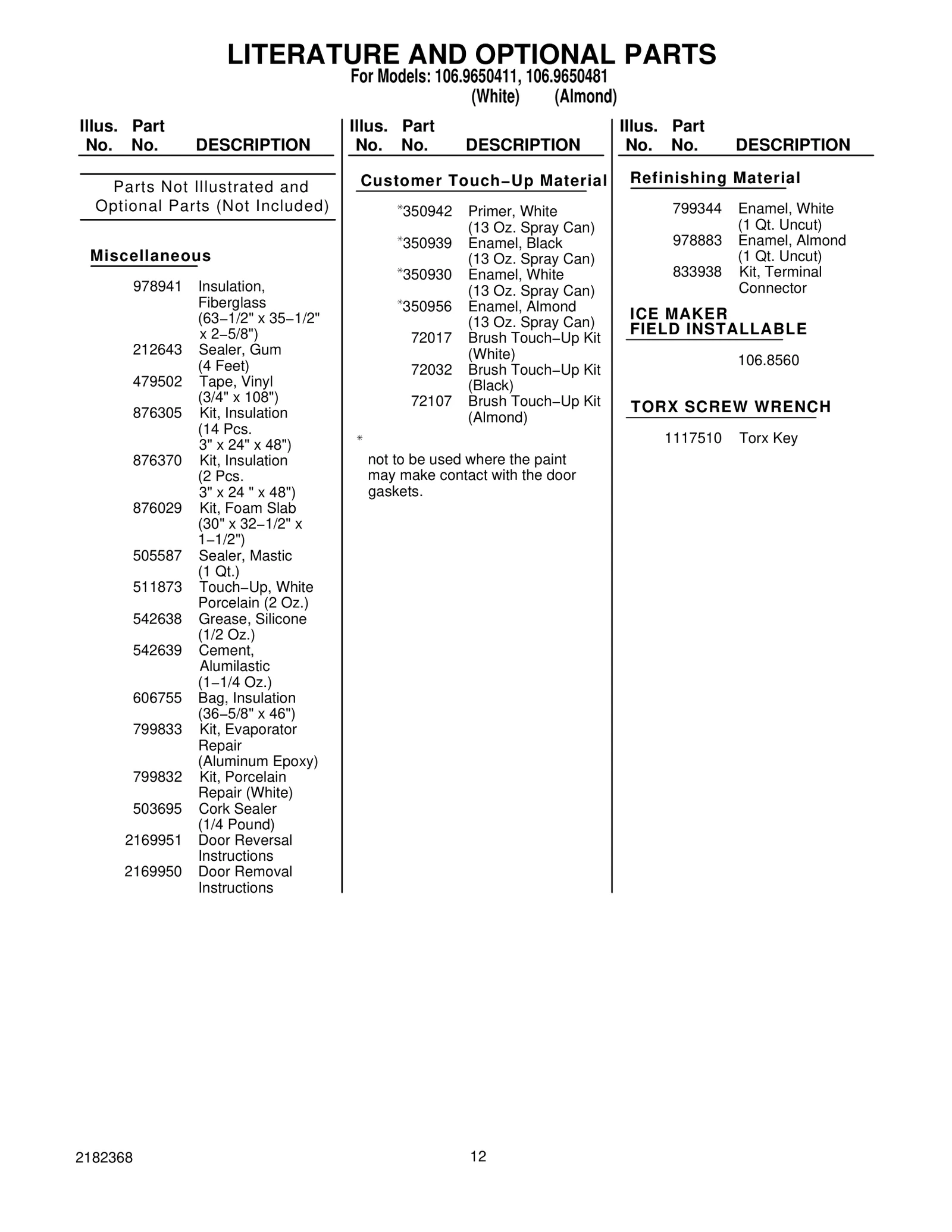 LITERATURE AND OPTIONAL PARTS