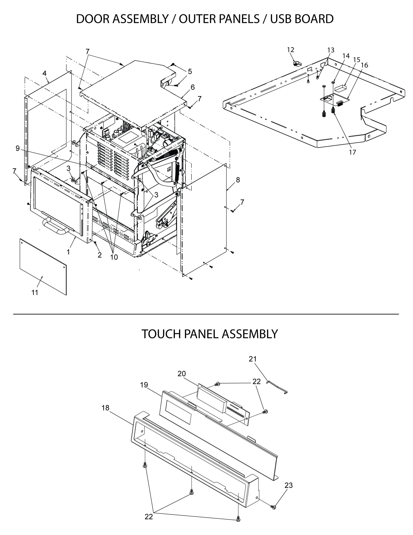 DOOR ASSEMBLY / OUTER PANELS / USB BOARD / TOUCH PANEL ASSEMBLY