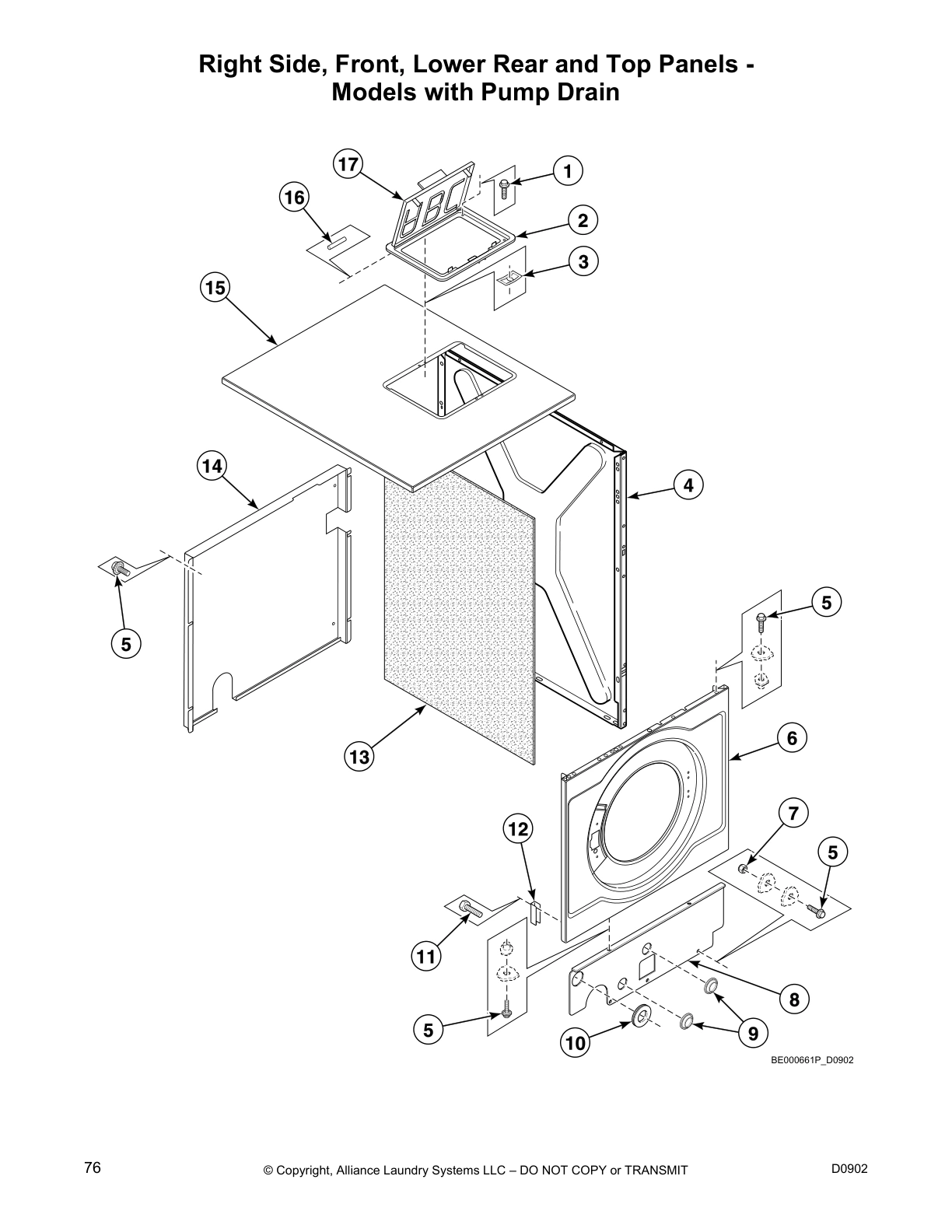 Right Side, Front, Lower Rear and Top Panels - 
Models with Pump Drain