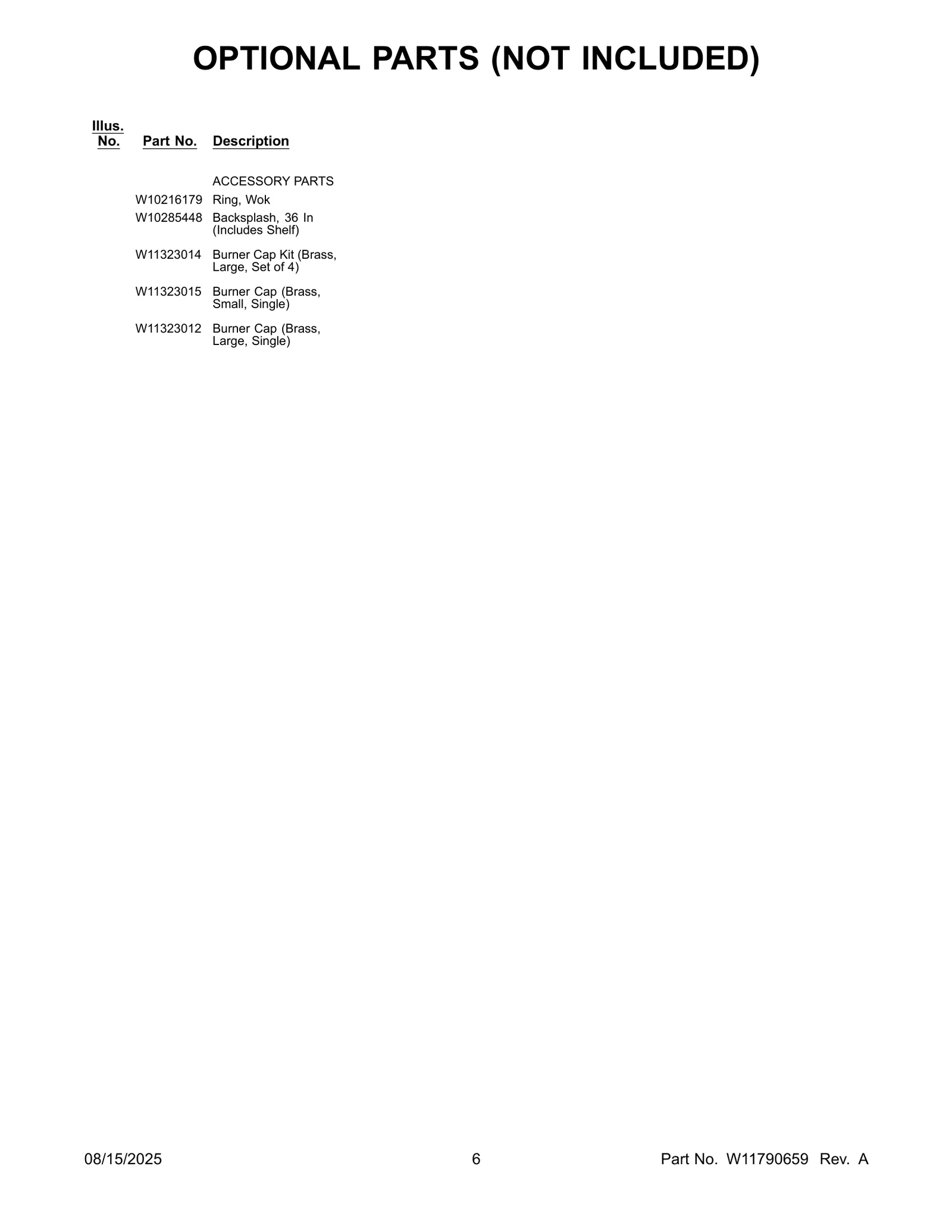 OPTIONAL PARTS (NOT INCLUDED)