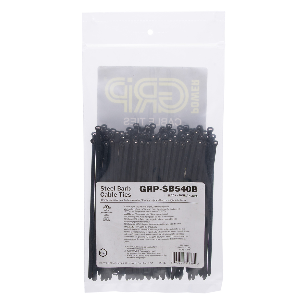 5”, Black Steel Barb 40lb Cable Tie, 100 Pack - NSI Industries