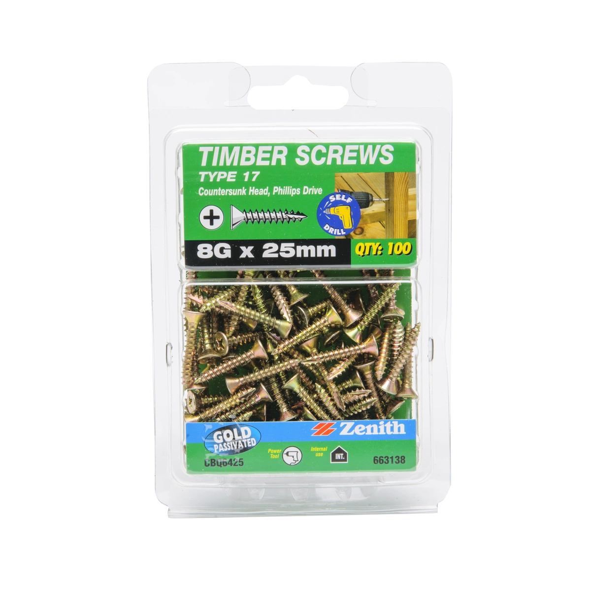 ZENITH® 8G x 25mm Gold Passivated, Phillips Drive, Timber Screws – Internal Use – 100 Pack