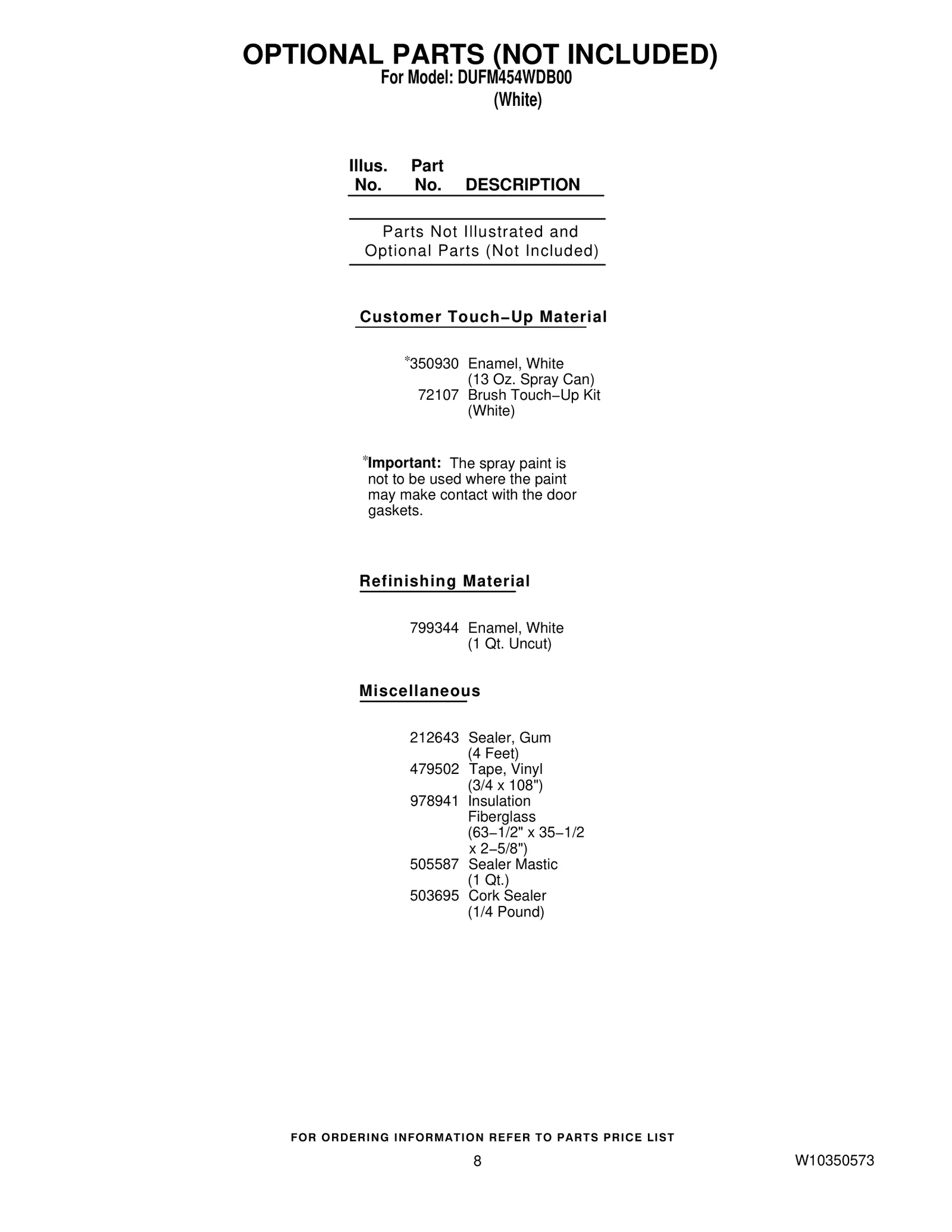 OPTIONAL PARTS (NOT INCLUDED)