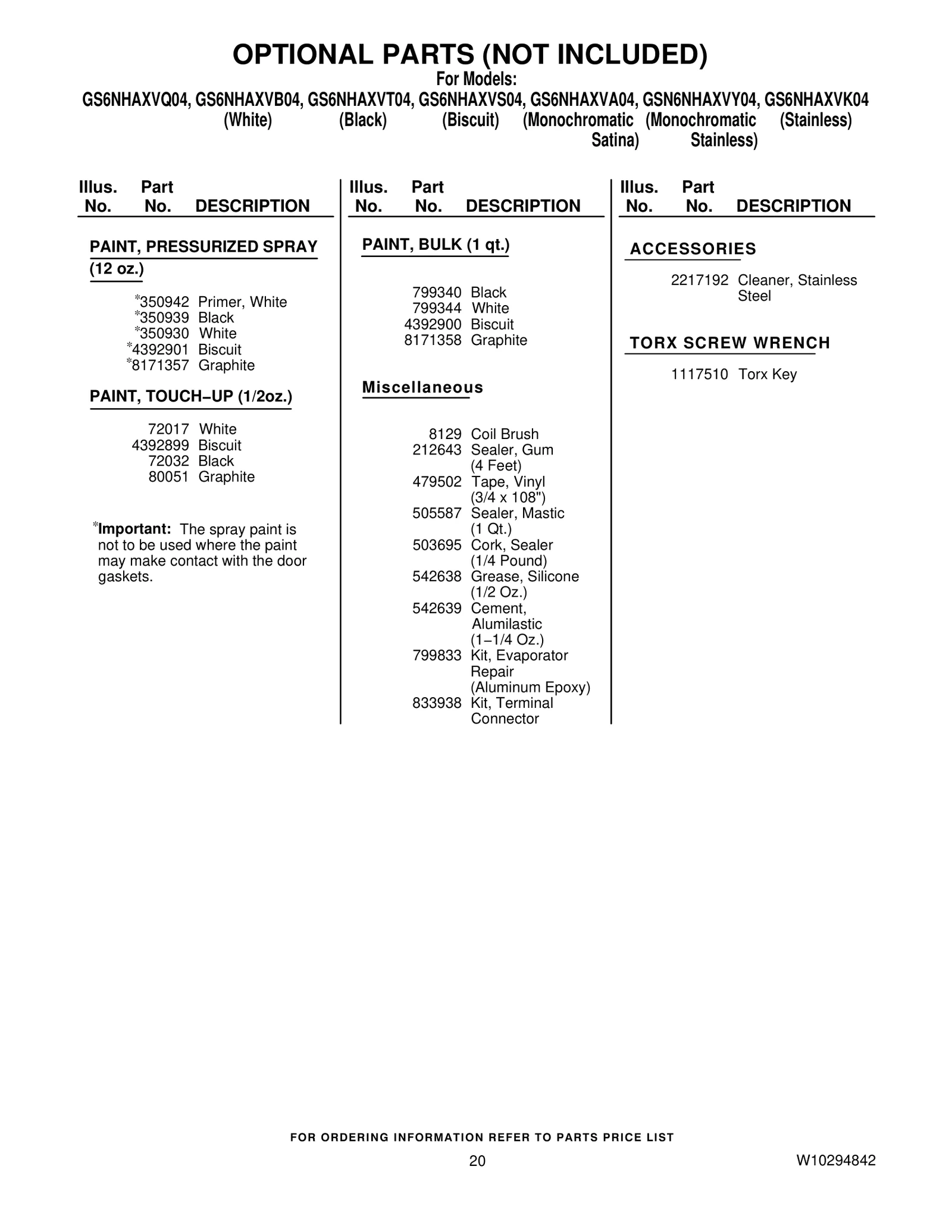 OPTIONAL PARTS (NOT INCLUDED)