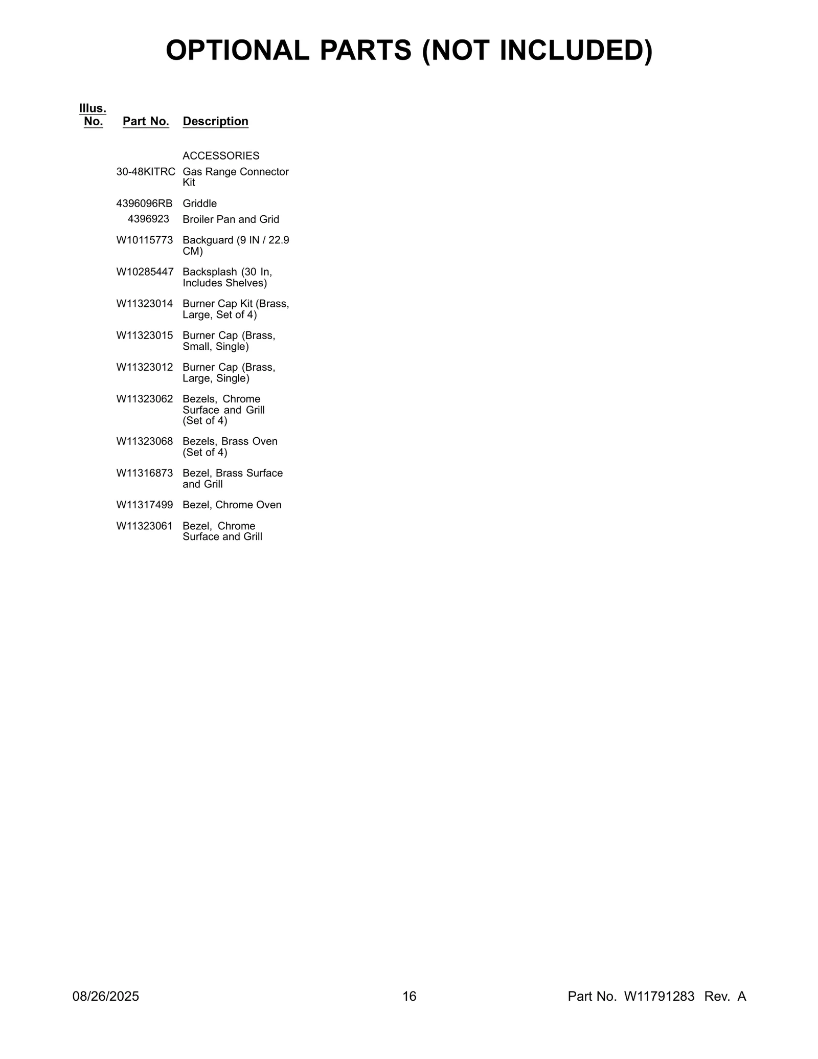 OPTIONAL PARTS (NOT INCLUDED)