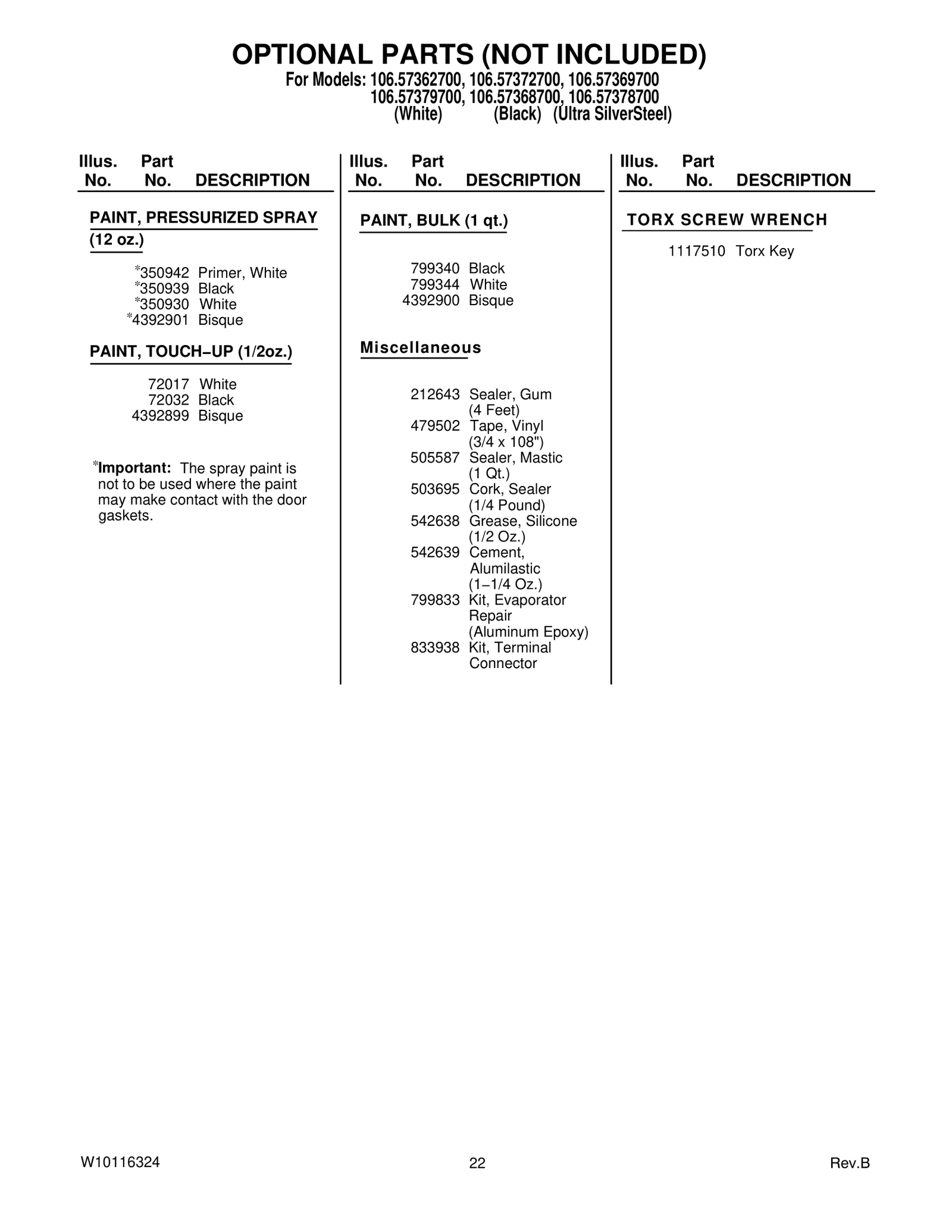 OPTIONAL PARTS (NOT INCLUDED)