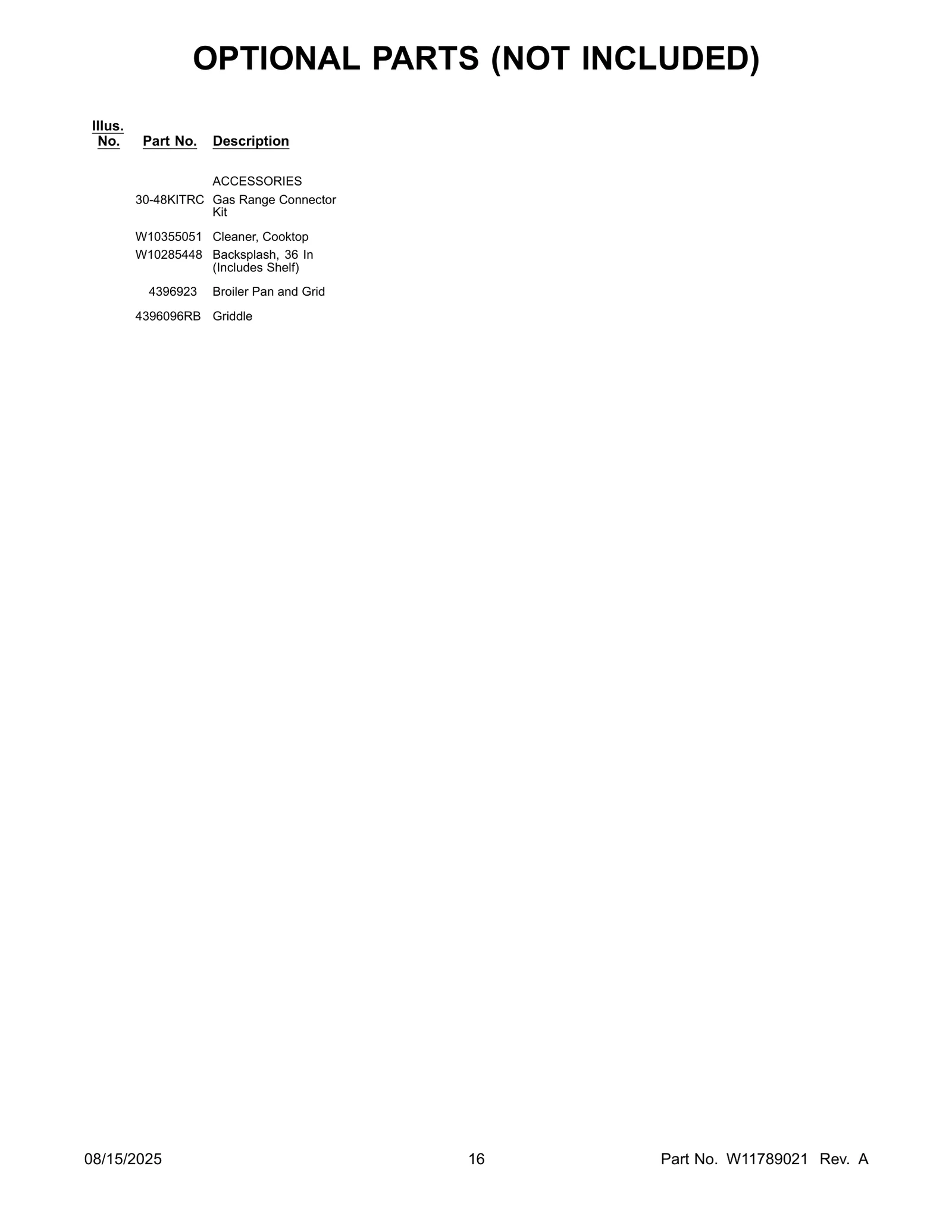 OPTIONAL PARTS (NOT INCLUDED)