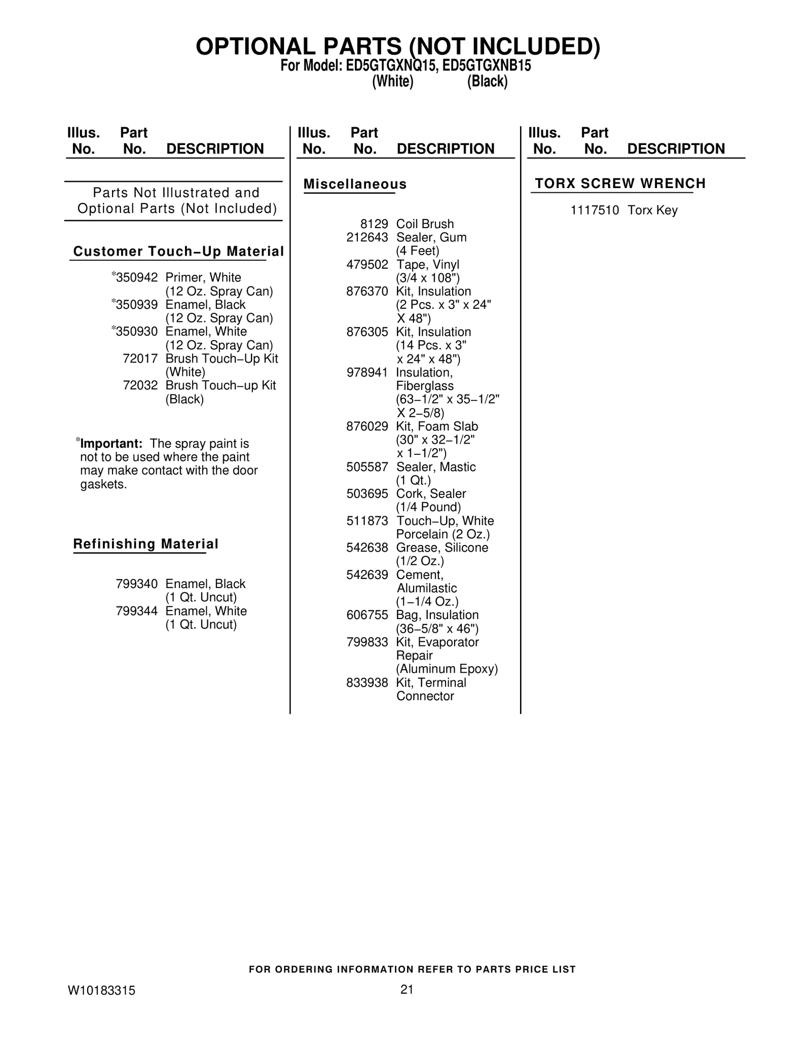 OPTIONAL PARTS (NOT INCLUDED)