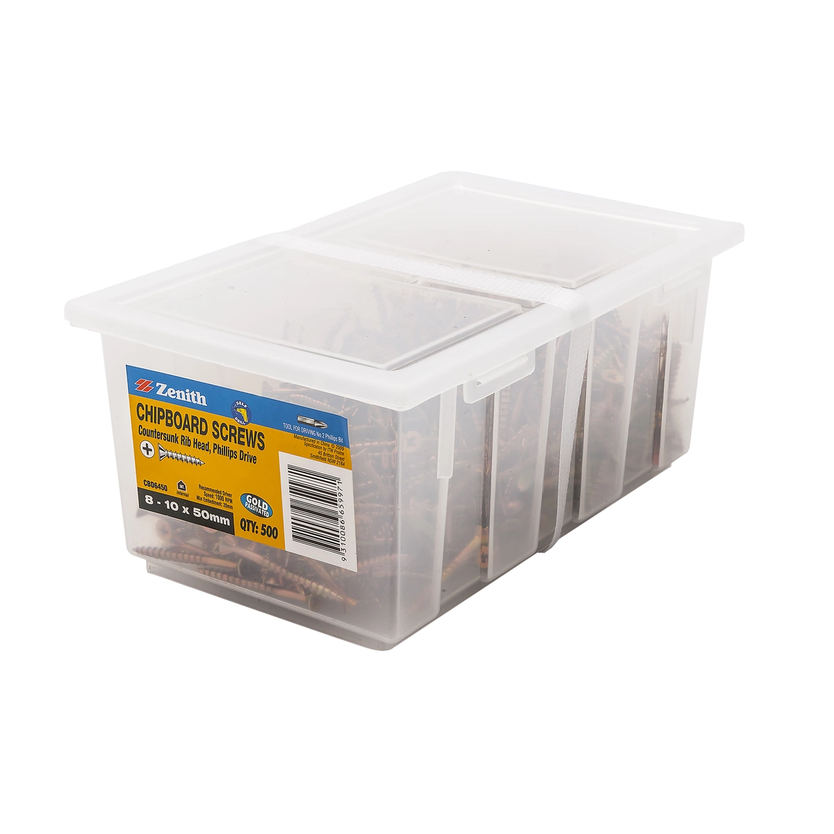 ZENITH® 8G x 50mm Gold Passivated, Phillips Drive, Chipboard Screws – Internal Use – 500 Pack