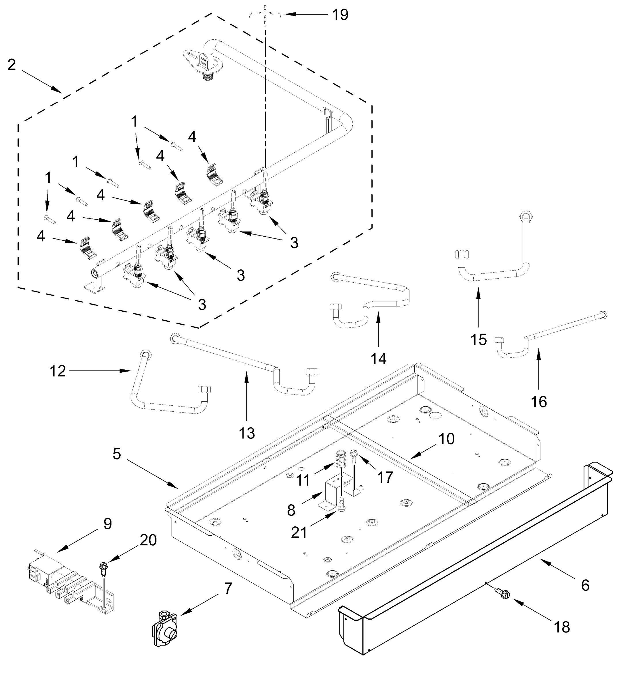 BURNER BOX, GAS VALVES AND SWITCH PARTS