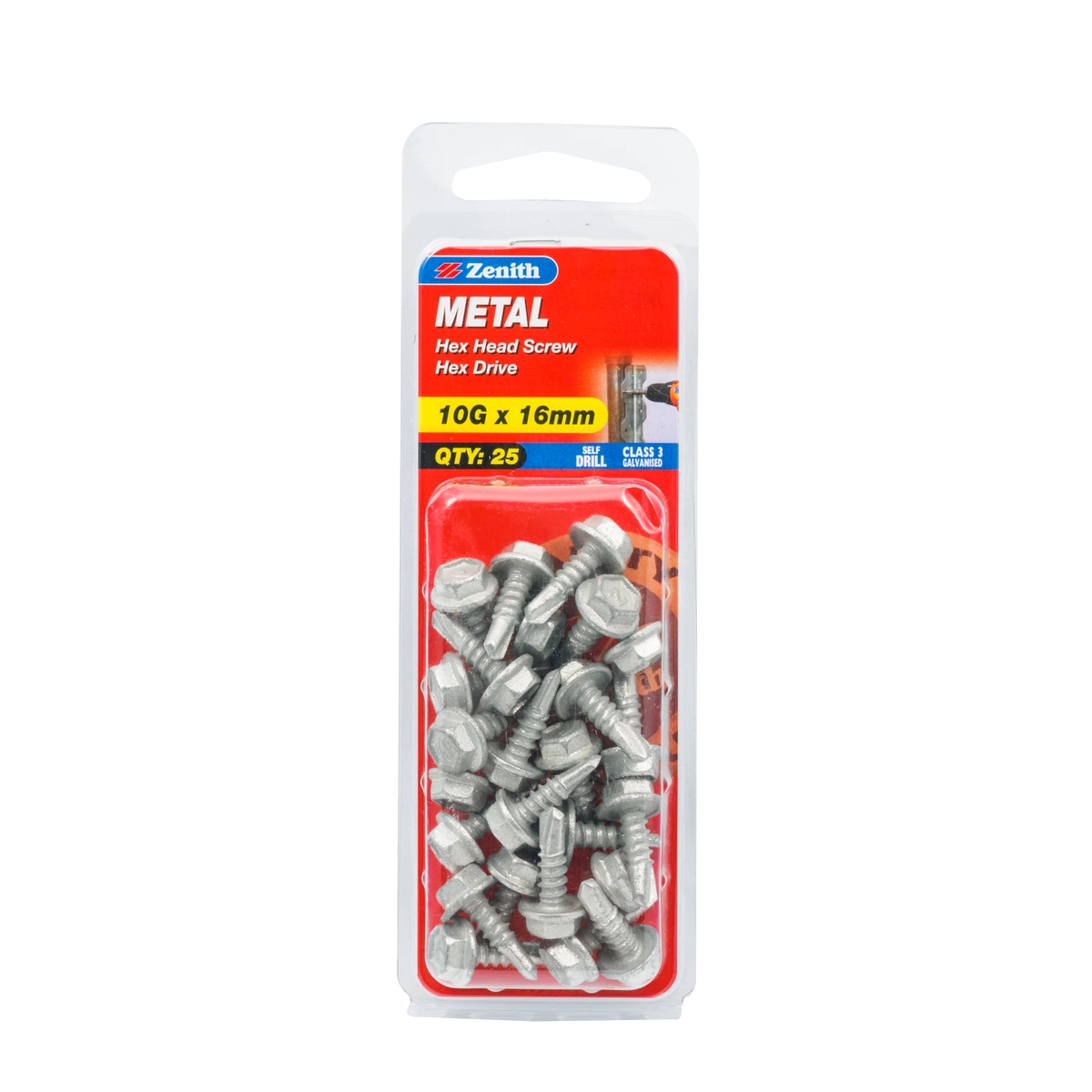ZENITH® 10G x 16mm Class 3 Galvanised, Self Drilling, External Hex Drive, Metal Screws – External Use – 25 Pack