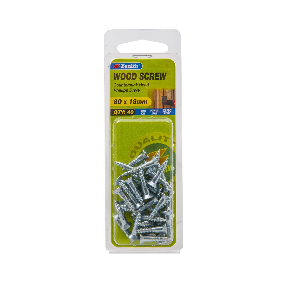 ZENITH® 8G x 18mm Zinc Plated, Phillips Drive, Wood Screws – Internal Use – 40 Pack