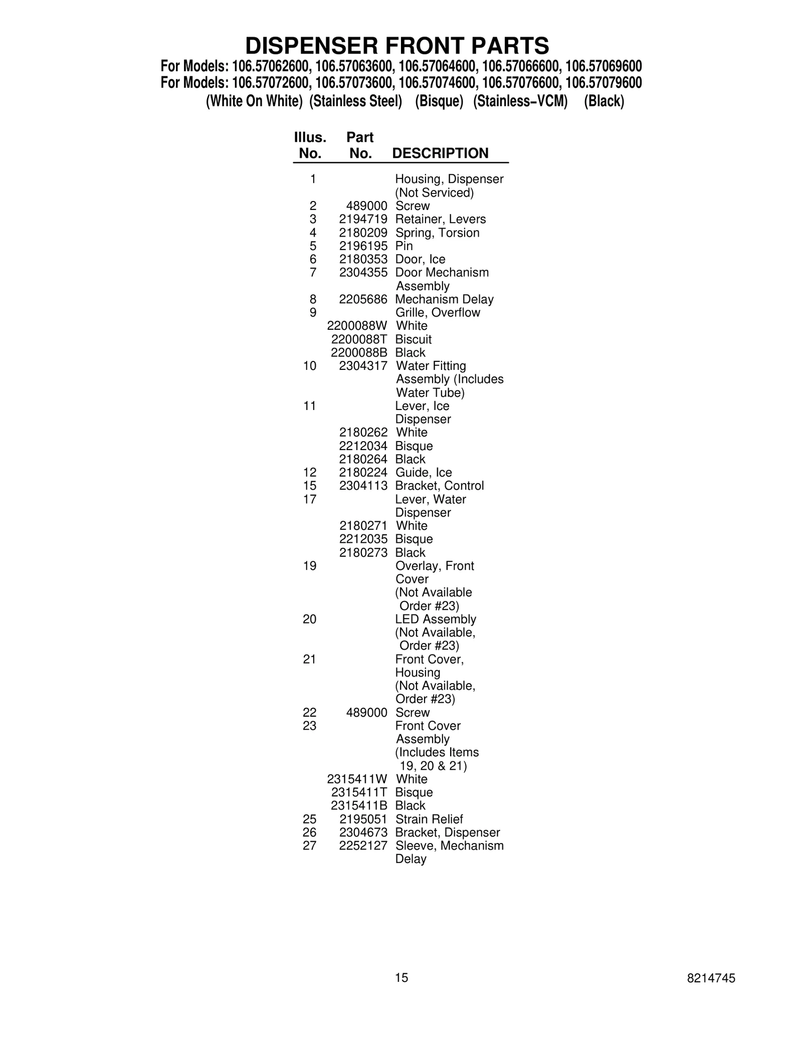 DISPENSER FRONT PARTS