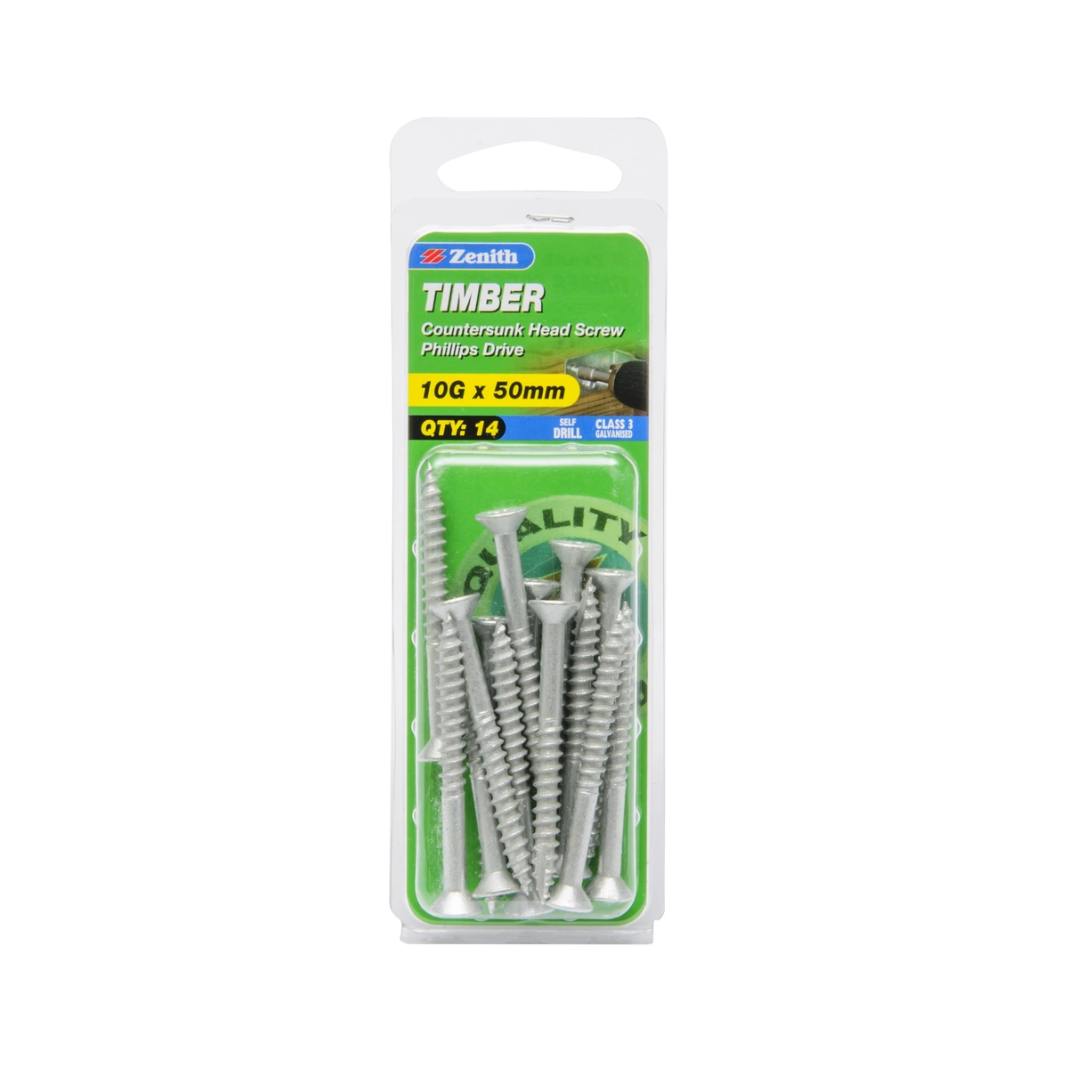 ZENITH® 10G x 50mm Class 3 Galvanised, Phillips Drive, Timber Screws – External Use – 14 Pack