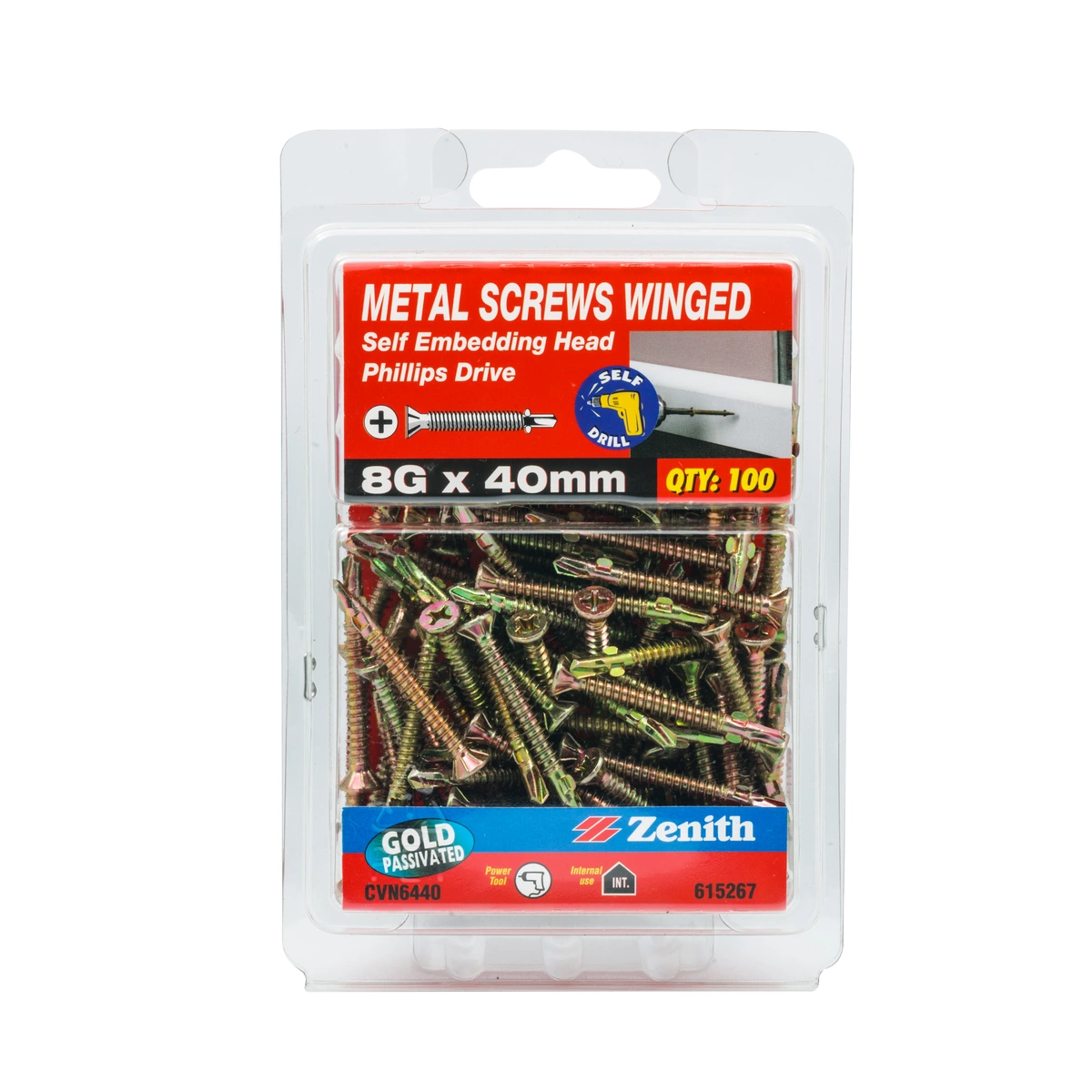 ZENITH® 8G x 40mm Gold Passivated, Self Drilling, Phillips Drive, Metal Screws – Internal Use – 100 Pack