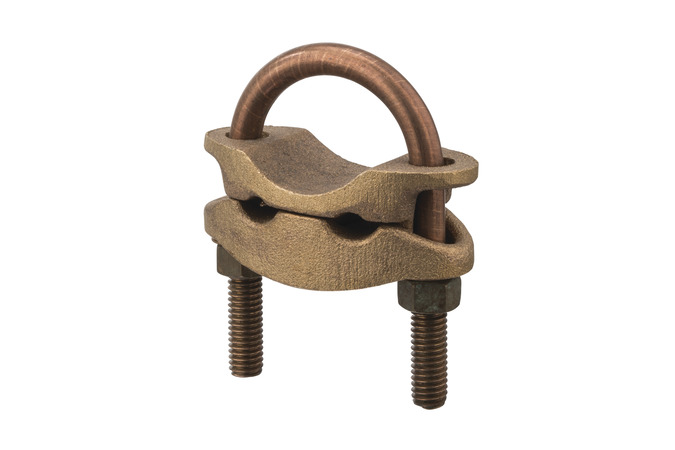 Bronze U-Bolt Clamp, Three Wires, 1-1/4″ Pipe, 2/0-4 AWG, Burial