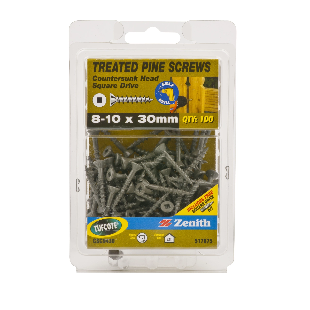 ZENITH® 8G x 30mm TUFCOTE®, Square Drive, Treated Pine Screws – External Use – 100 Pack