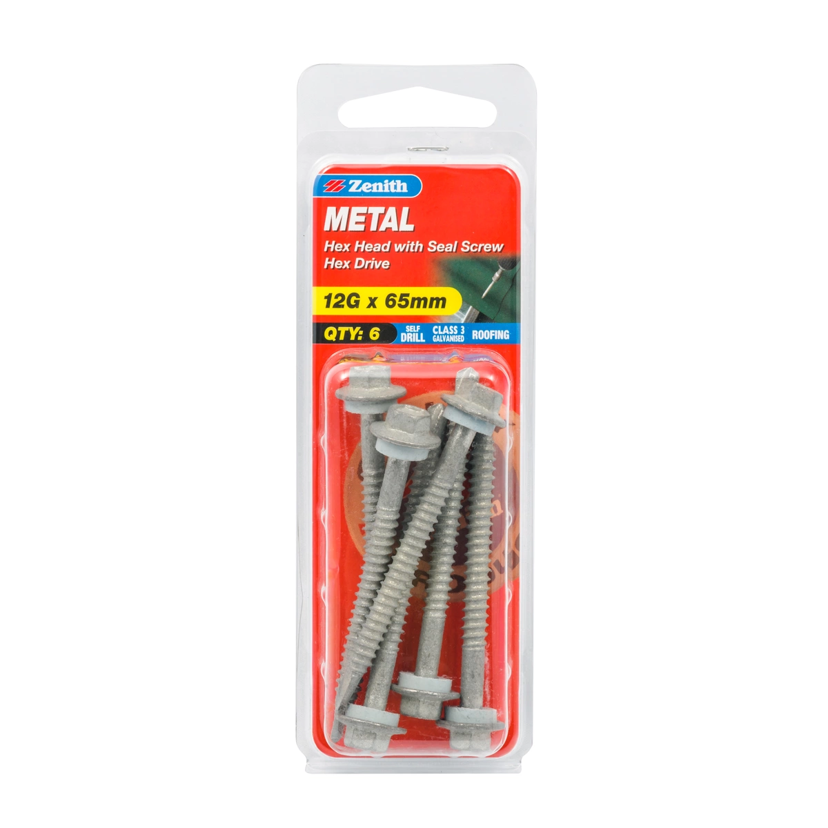 ZENITH® 12G x 65mm Class 3 Galvanised, Self Drilling, External Hex Drive, Cladding & Roofing Screws with Seal – External Use – 6 Pack
