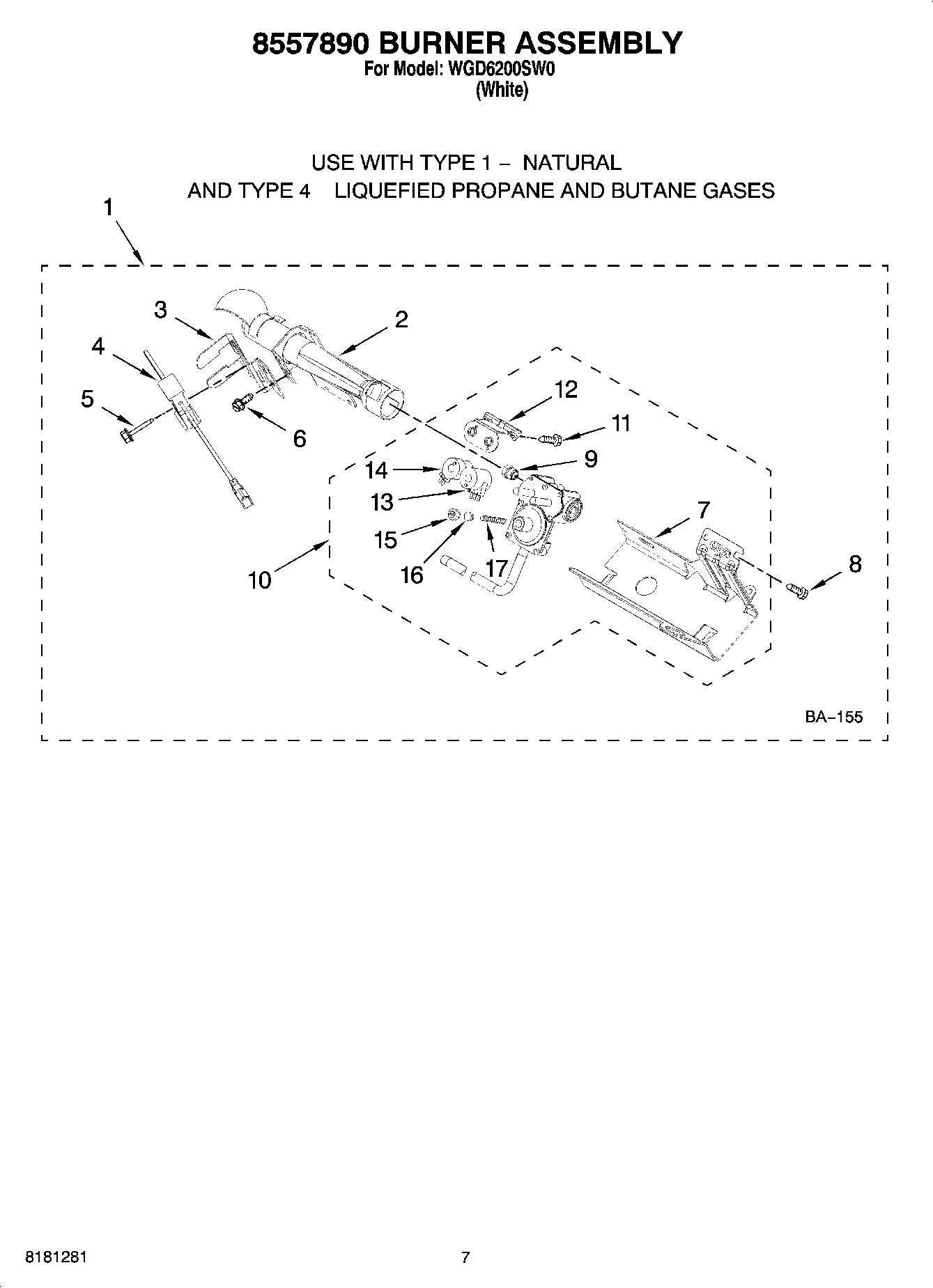 04 - 8557890 BURNER ASSEMBLY, OPTIONAL PARTS (NOT INCLUDED)